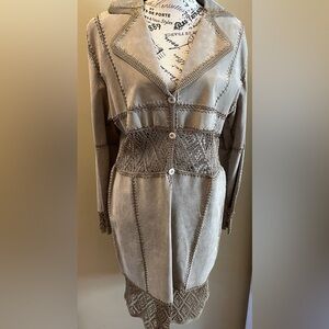 EUC LaRue vintage tan suede long jacket, with crochet detail.